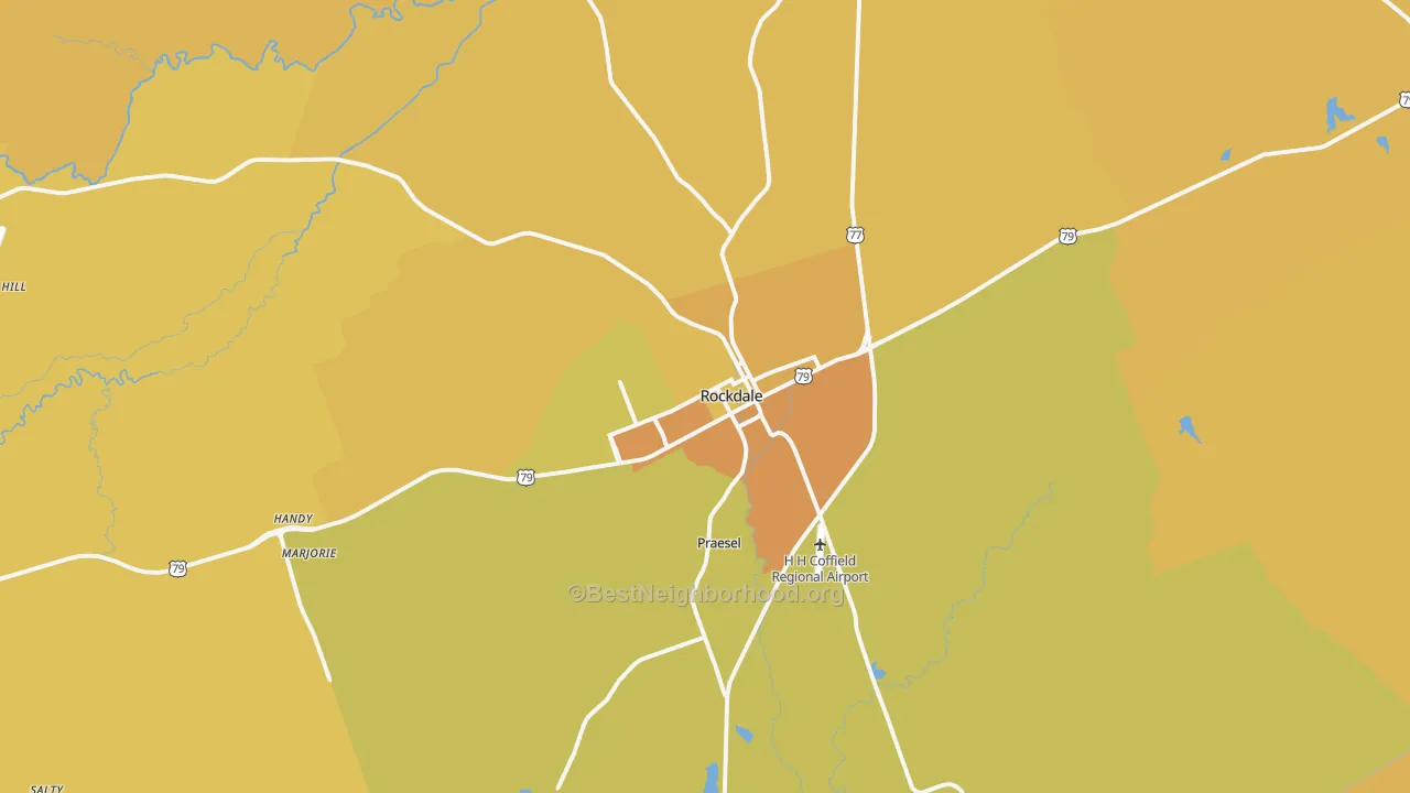 Map of the best neighborhoods in the 76567 area, with better matches in green and worse matches in red