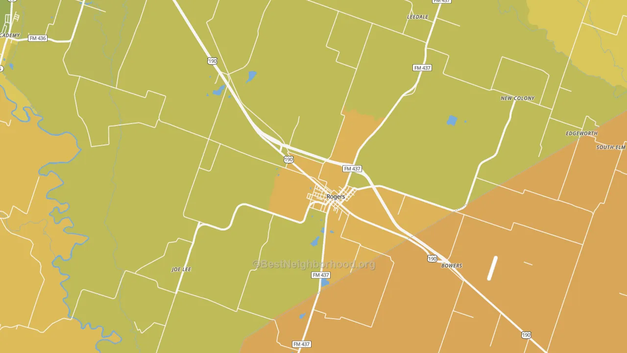 Map of the best neighborhoods in the 76569 area, with better matches in green and worse matches in red