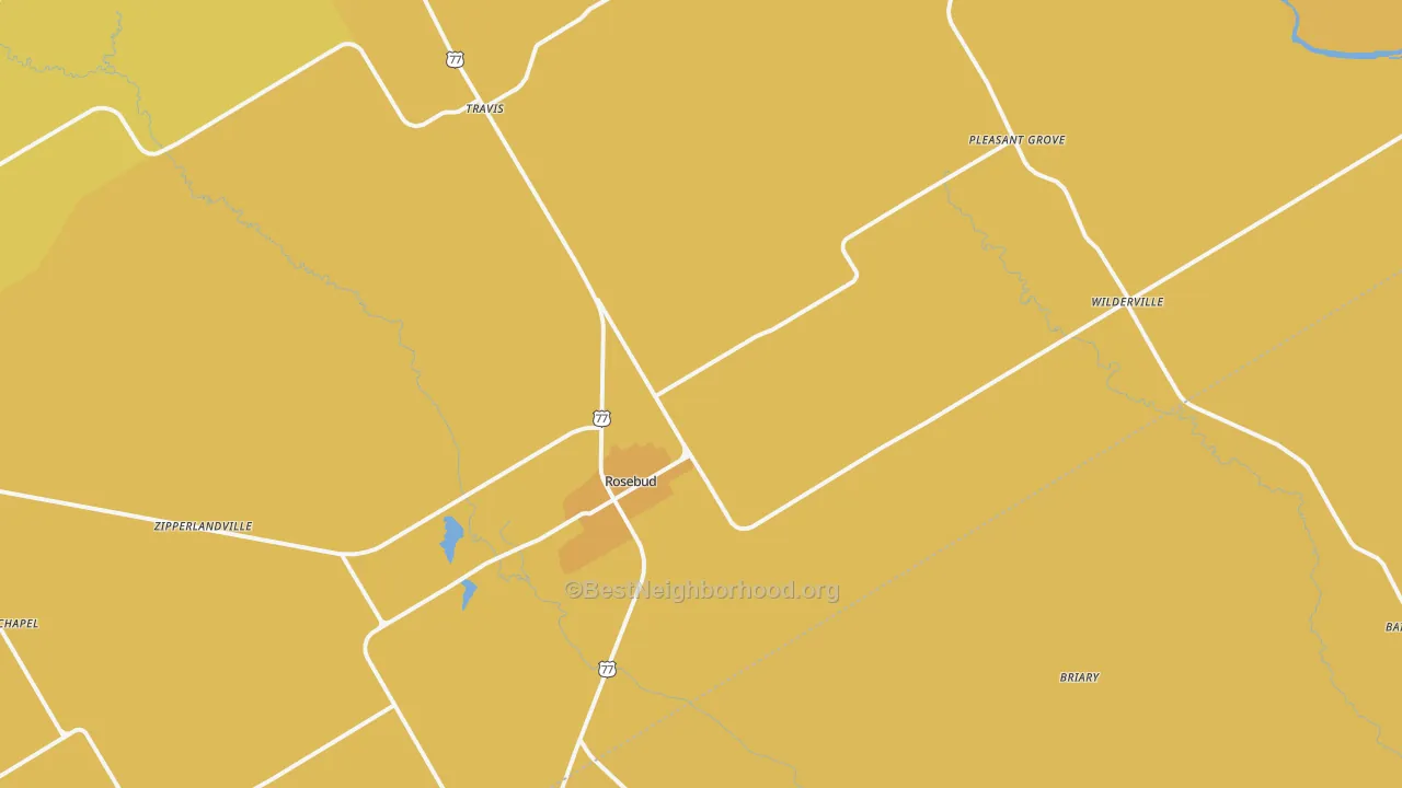 Map of the best neighborhoods in the 76570 area, with better matches in green and worse matches in red