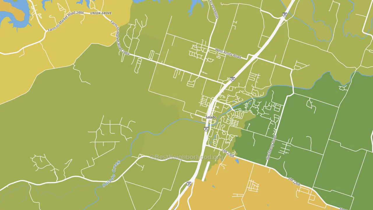 Map of the best neighborhoods in the 76571 area, with better matches in green and worse matches in red