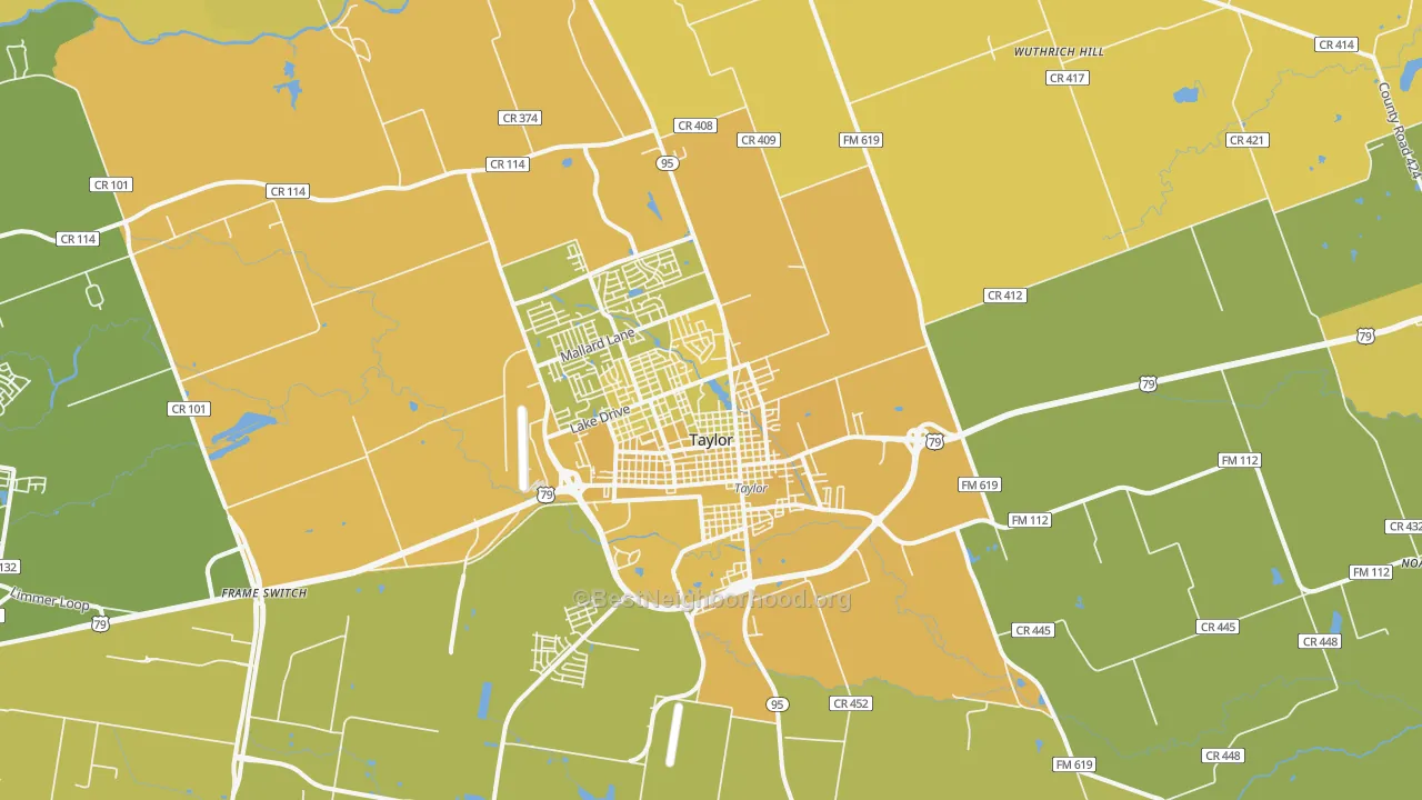 Map of the best neighborhoods in the 76574 area, with better matches in green and worse matches in red