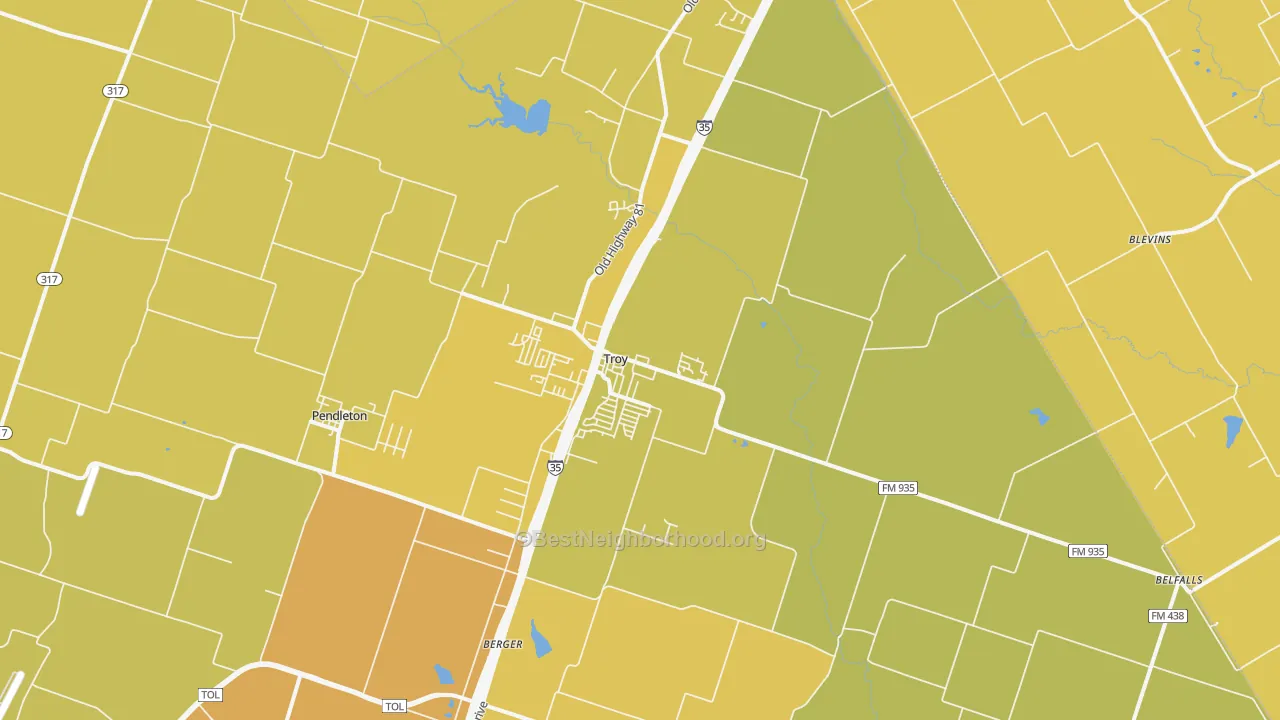 Map of the best neighborhoods in the 76579 area, with better matches in green and worse matches in red