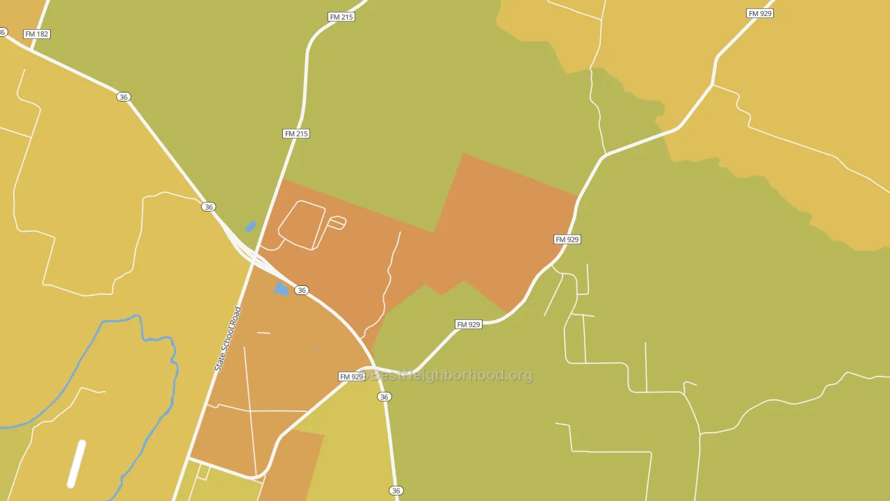 Map of the best neighborhoods in the 76597 area, with better matches in green and worse matches in red