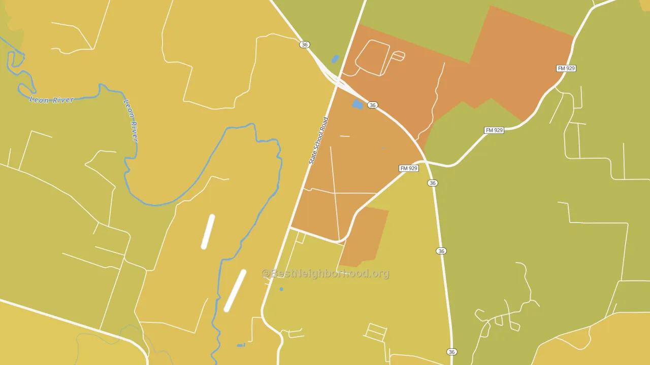 Map of the best neighborhoods in the 76599 area, with better matches in green and worse matches in red