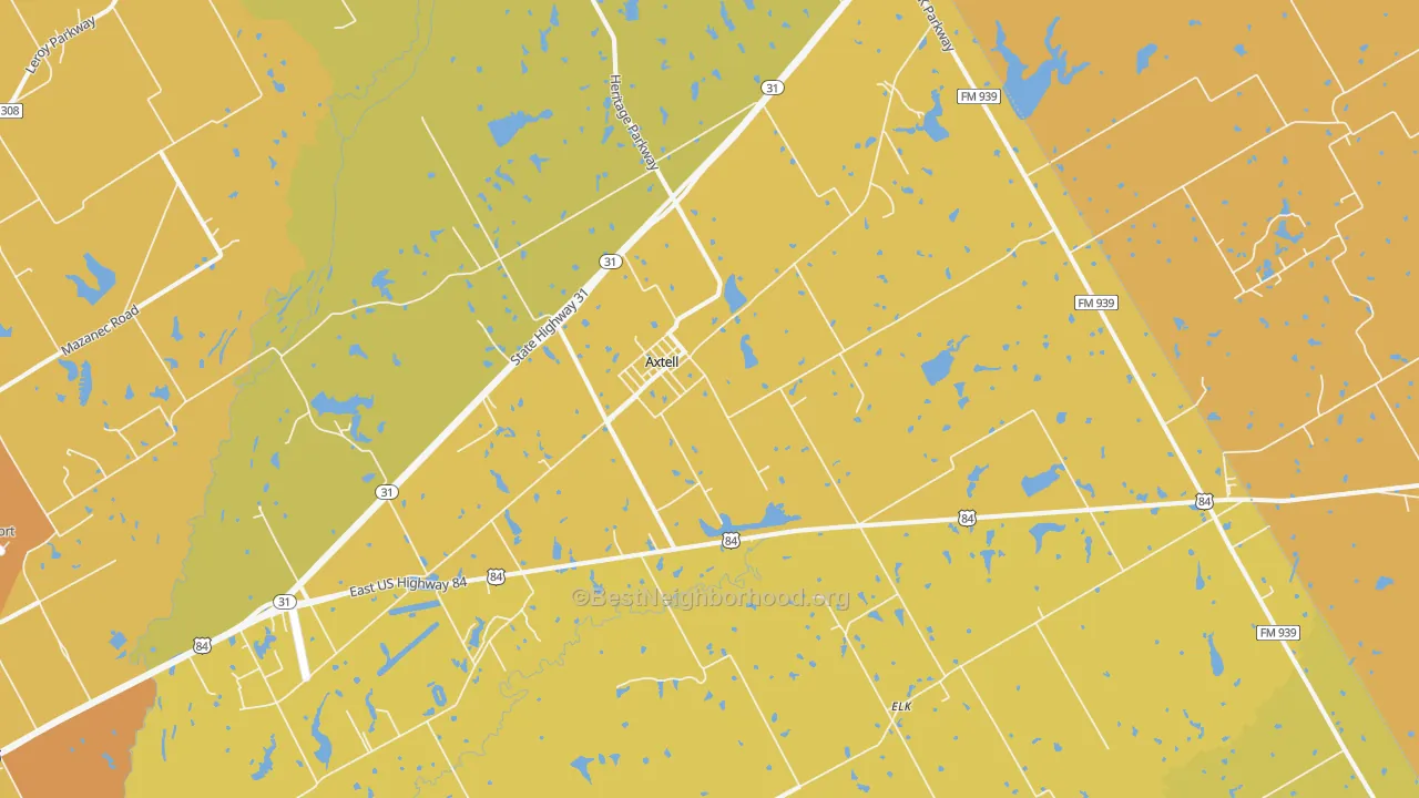 Map of the best neighborhoods in the 76624 area, with better matches in green and worse matches in red