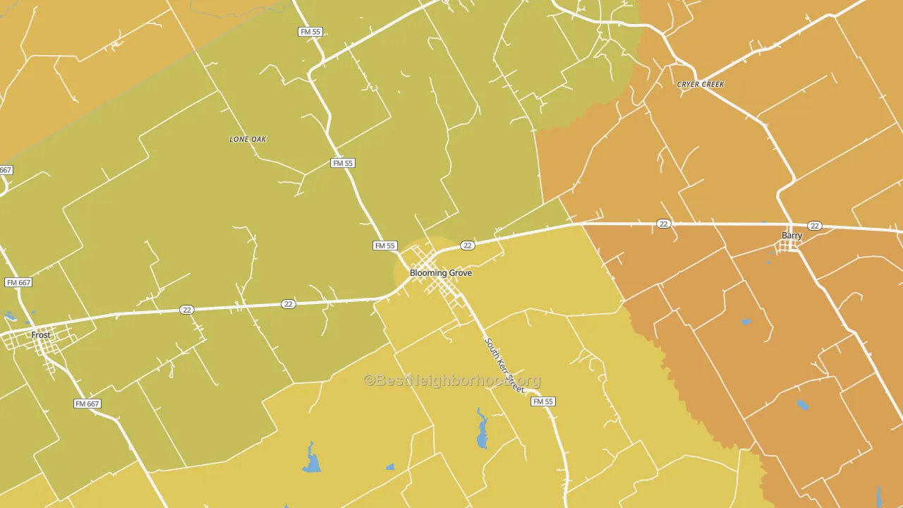 Map of the best neighborhoods in the 76626 area, with better matches in green and worse matches in red