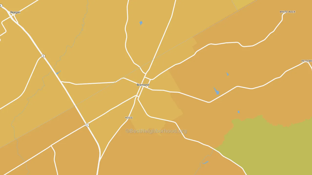 Map of the best neighborhoods in the 76629 area, with better matches in green and worse matches in red