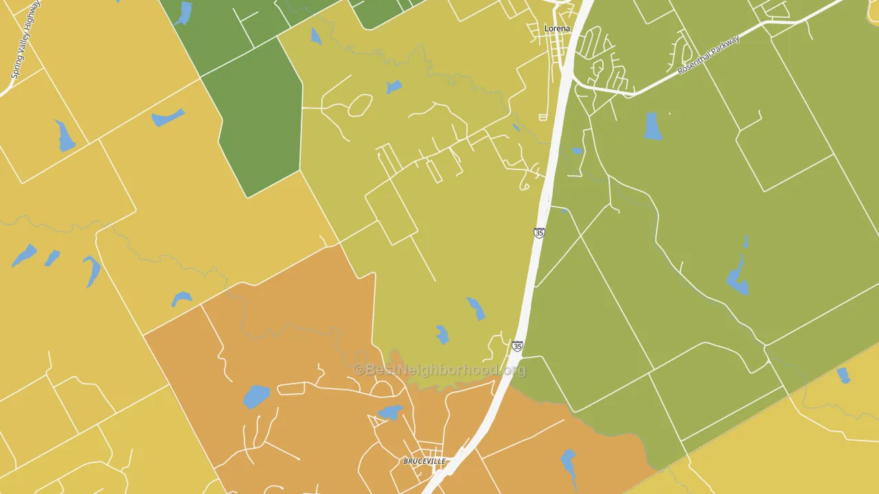 Map of the best neighborhoods in the 76630 area, with better matches in green and worse matches in red