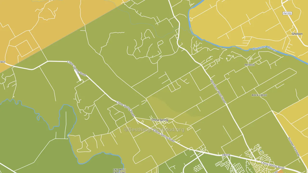 Map of the best neighborhoods in the 76633 area, with better matches in green and worse matches in red