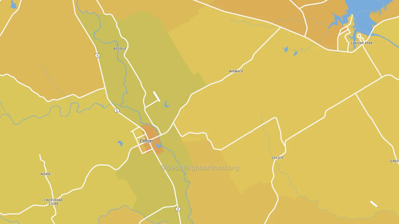 Map of the best neighborhoods in the 76634 area, with better matches in green and worse matches in red