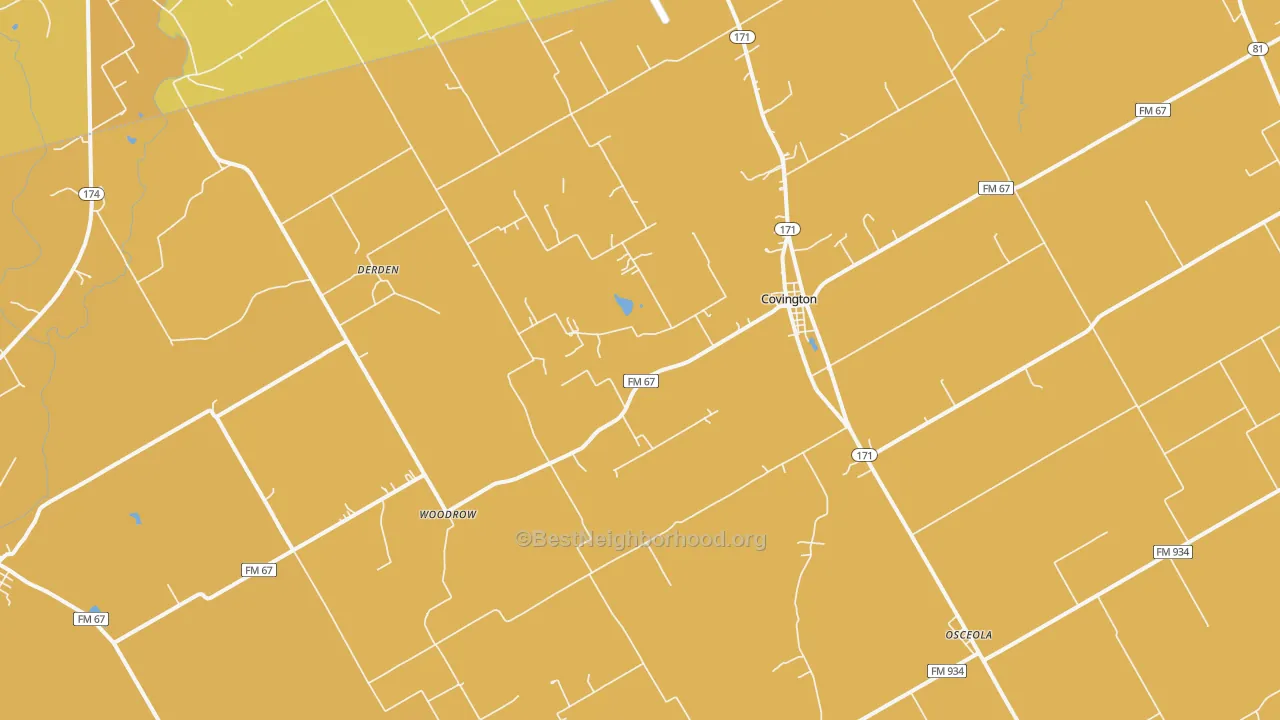 Map of the best neighborhoods in the 76636 area, with better matches in green and worse matches in red