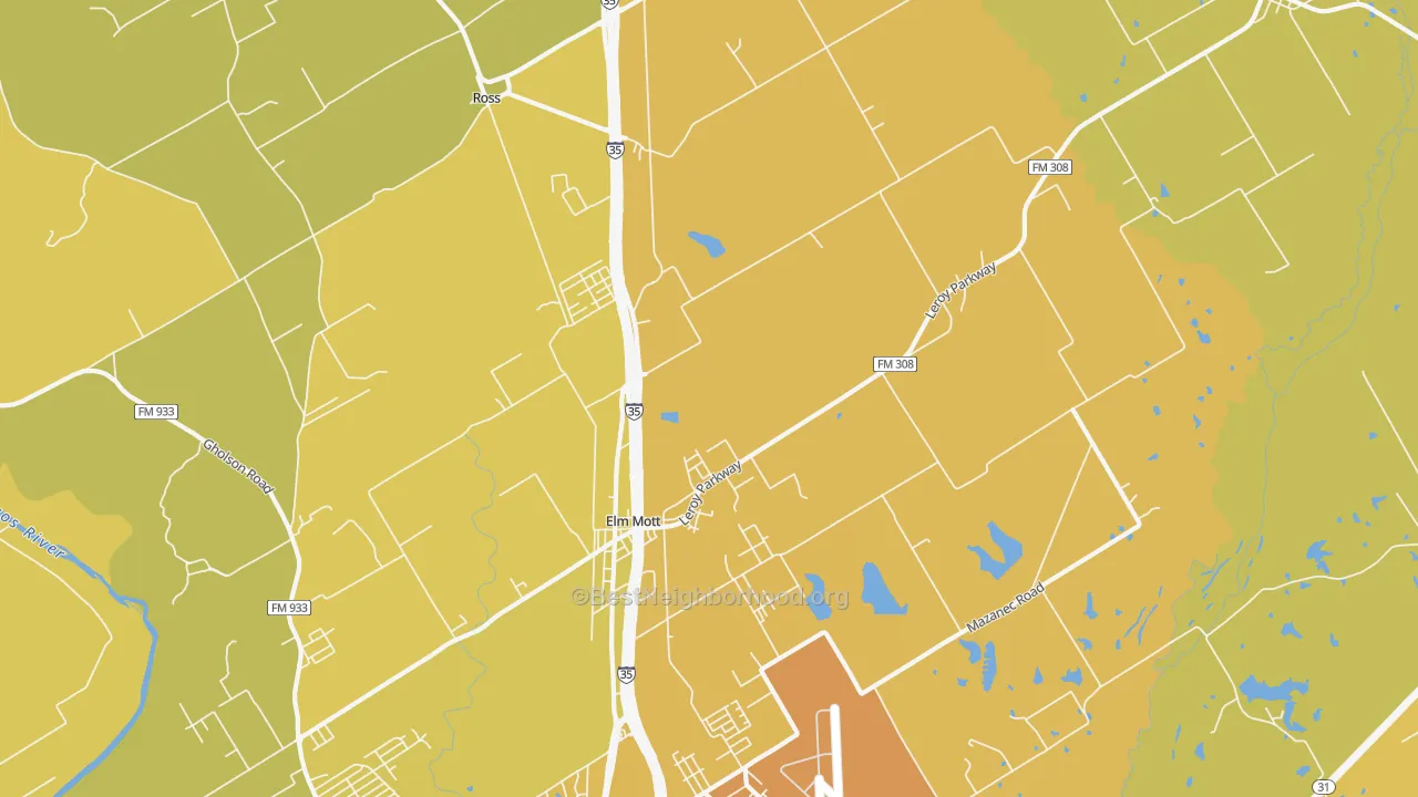 Map of the best neighborhoods in the 76640 area, with better matches in green and worse matches in red