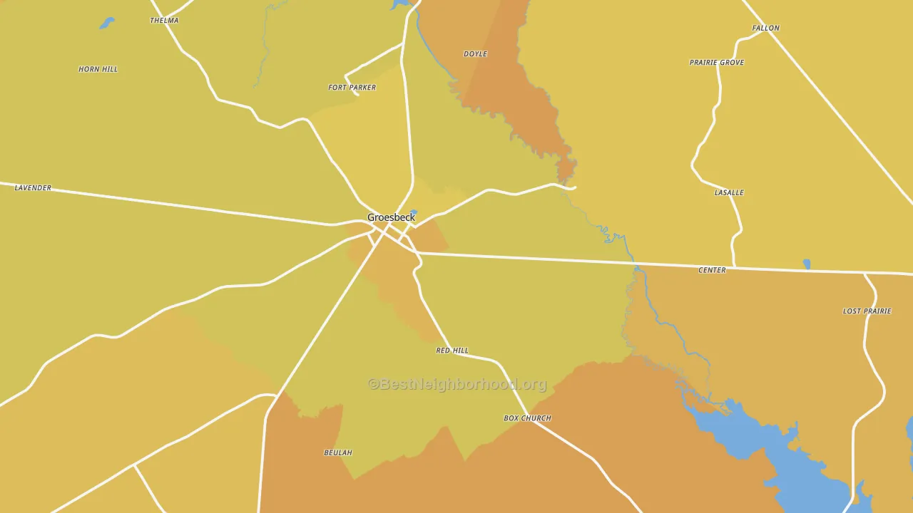 Map of the best neighborhoods in the 76642 area, with better matches in green and worse matches in red