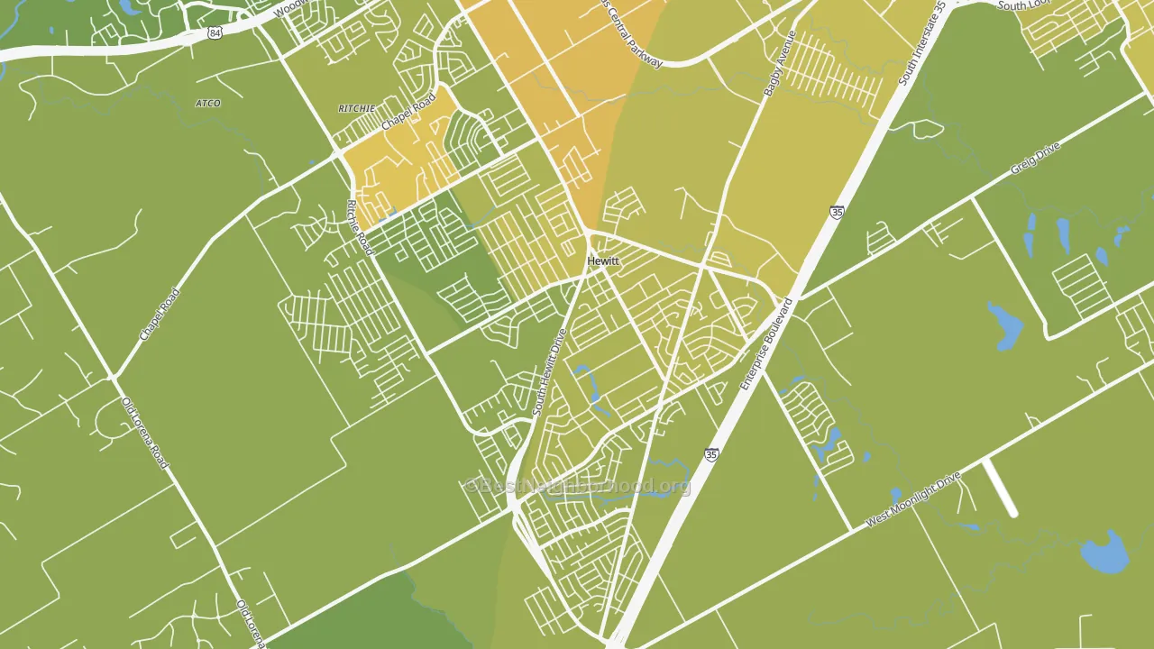 Map of the best neighborhoods in the 76643 area, with better matches in green and worse matches in red