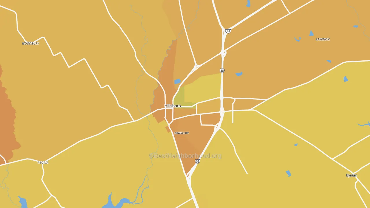 Map of the best neighborhoods in the 76645 area, with better matches in green and worse matches in red