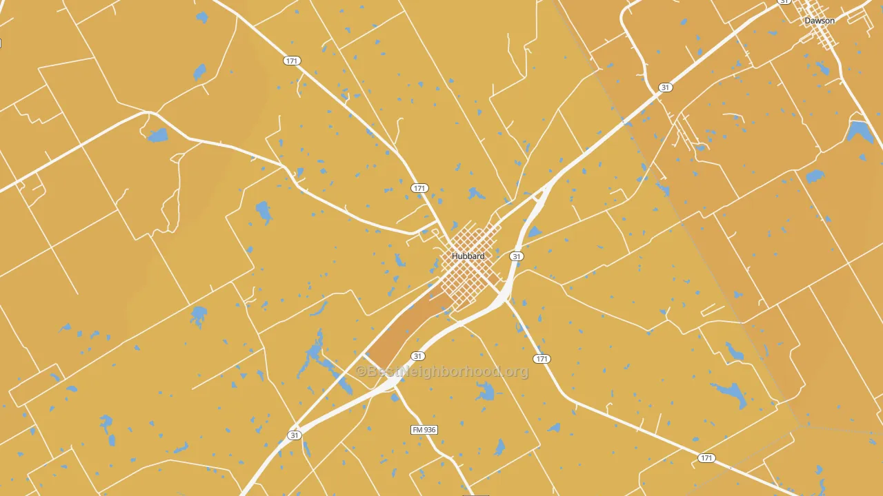 Map of the best neighborhoods in the 76648 area, with better matches in green and worse matches in red