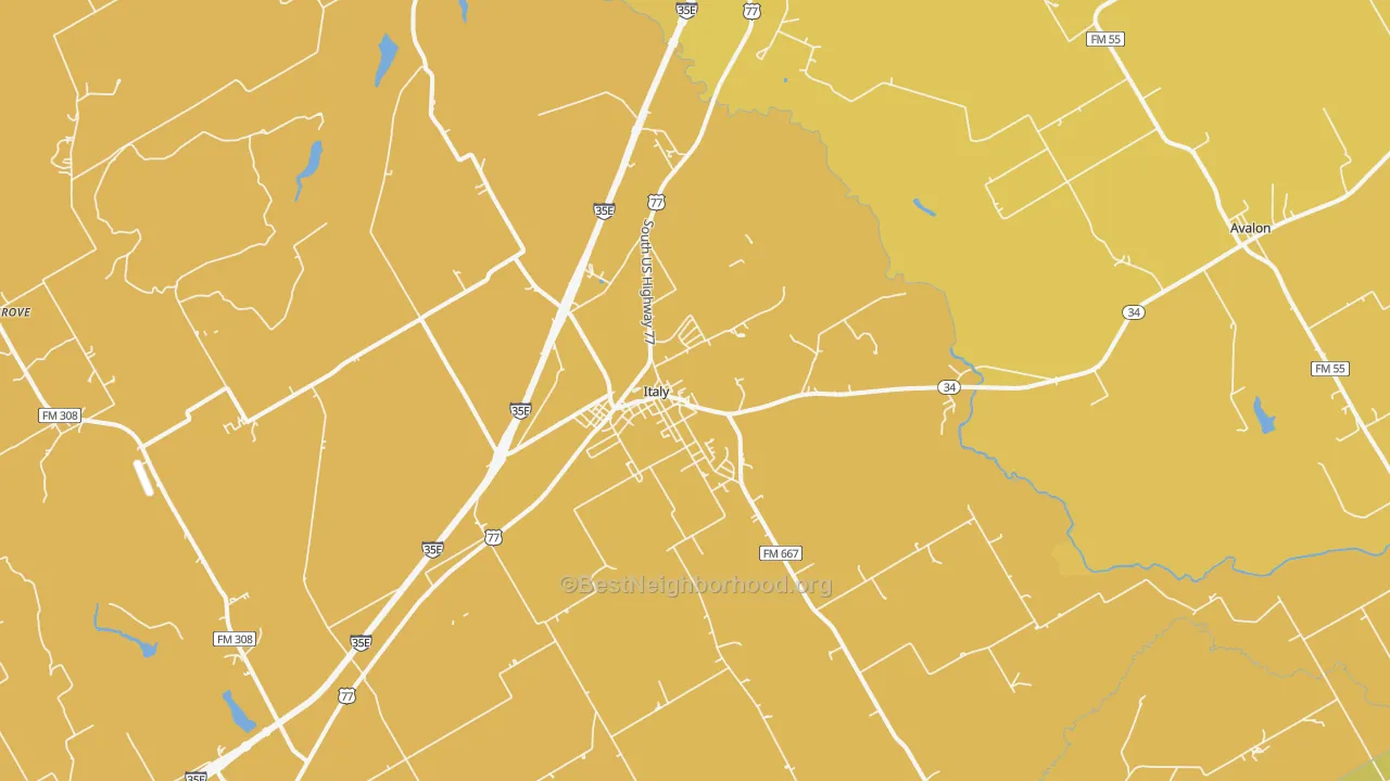 Map of the best neighborhoods in the 76651 area, with better matches in green and worse matches in red