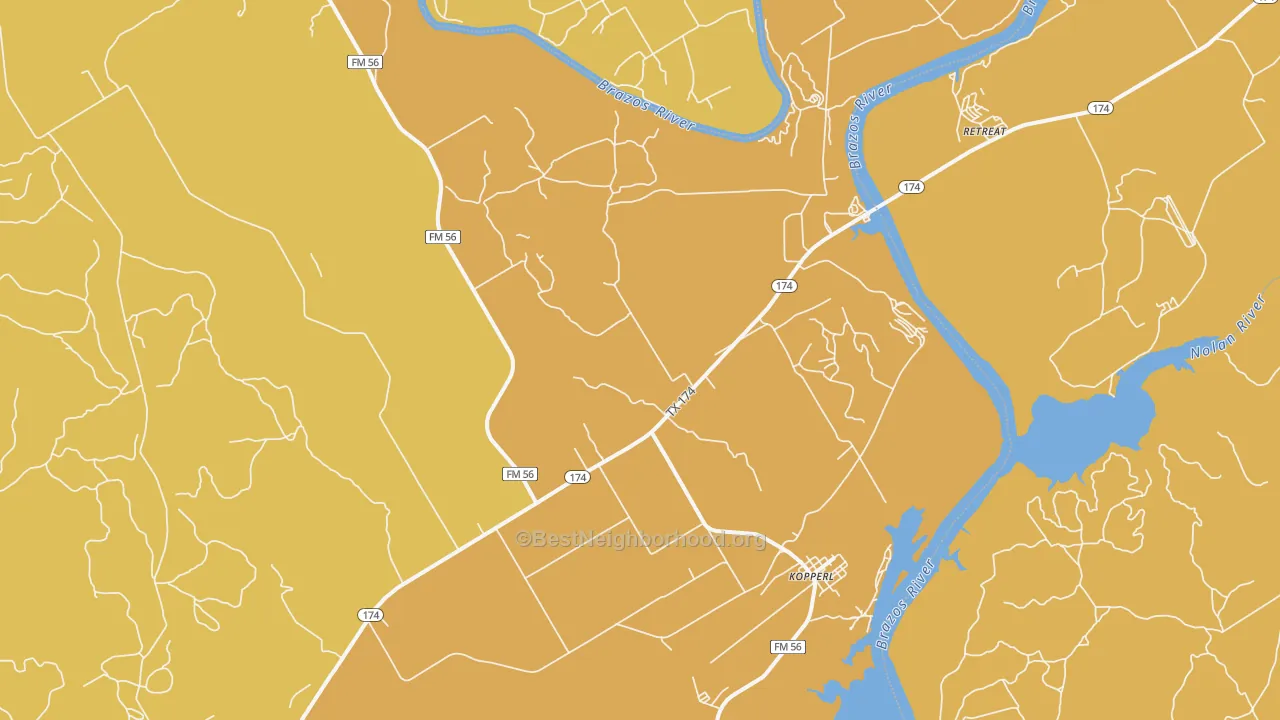 Map of the best neighborhoods in the 76652 area, with better matches in green and worse matches in red