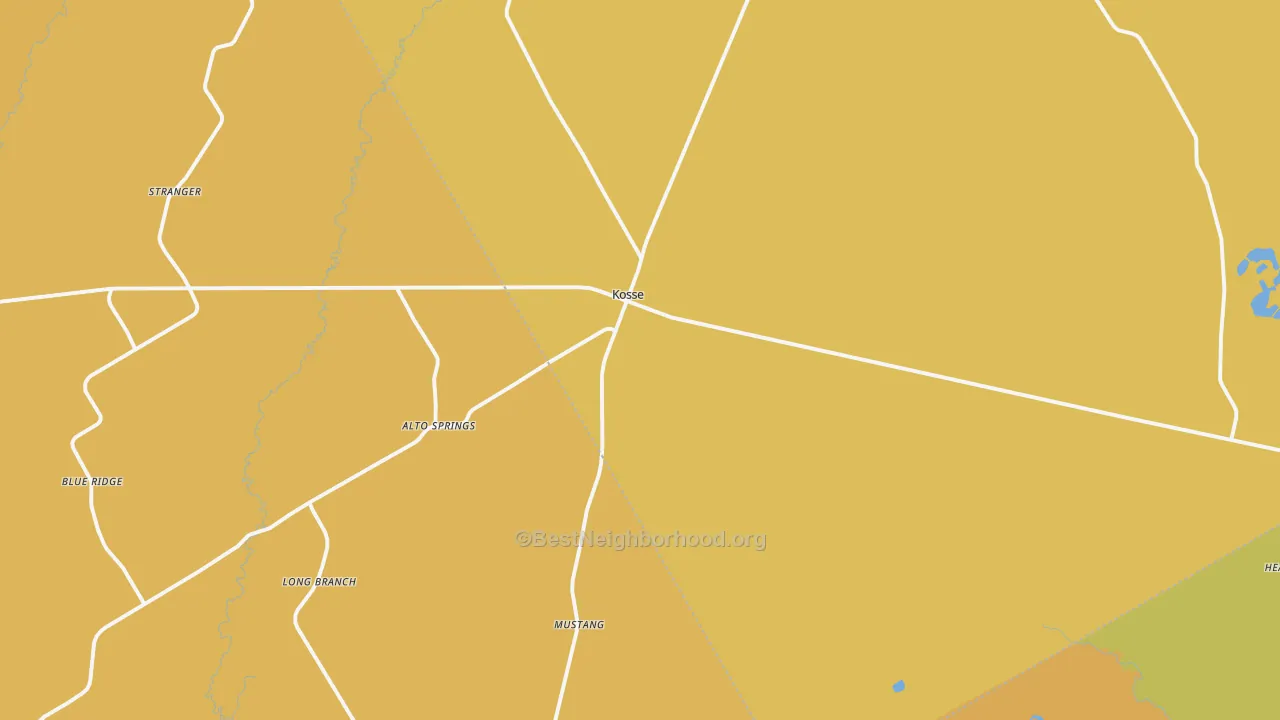 Map of the best neighborhoods in the 76653 area, with better matches in green and worse matches in red