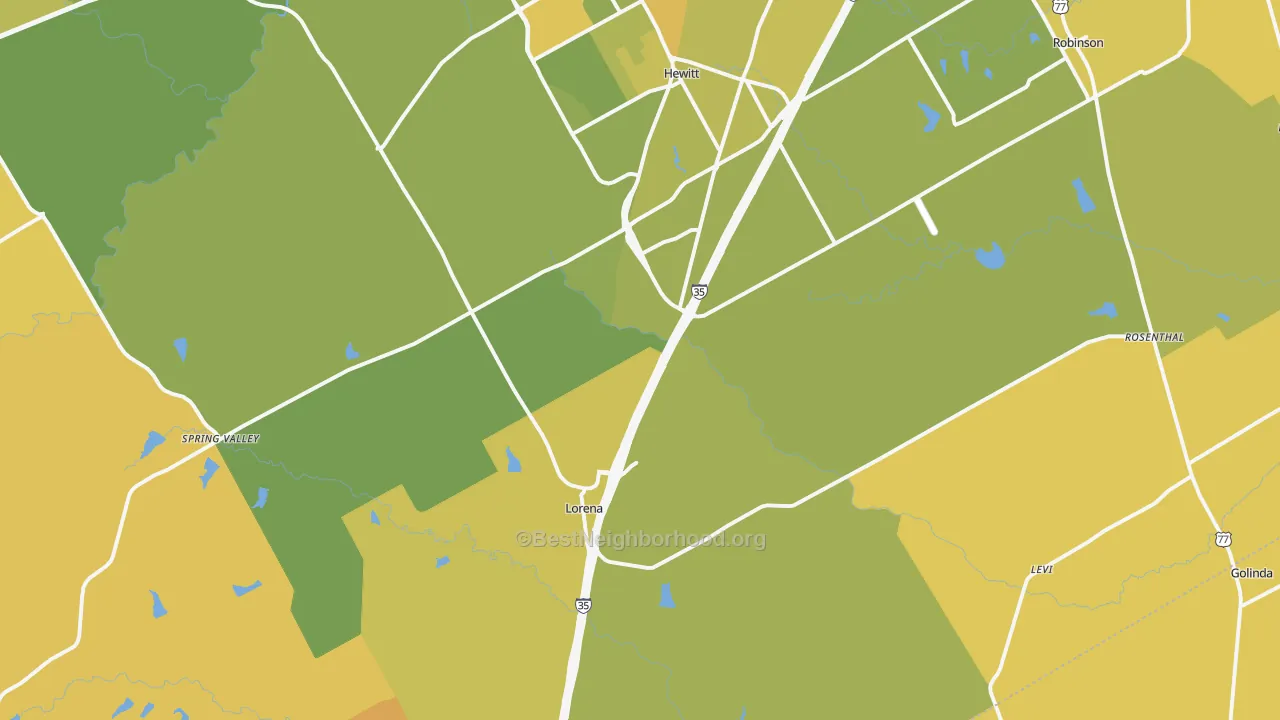 Map of the best neighborhoods in the 76655 area, with better matches in green and worse matches in red