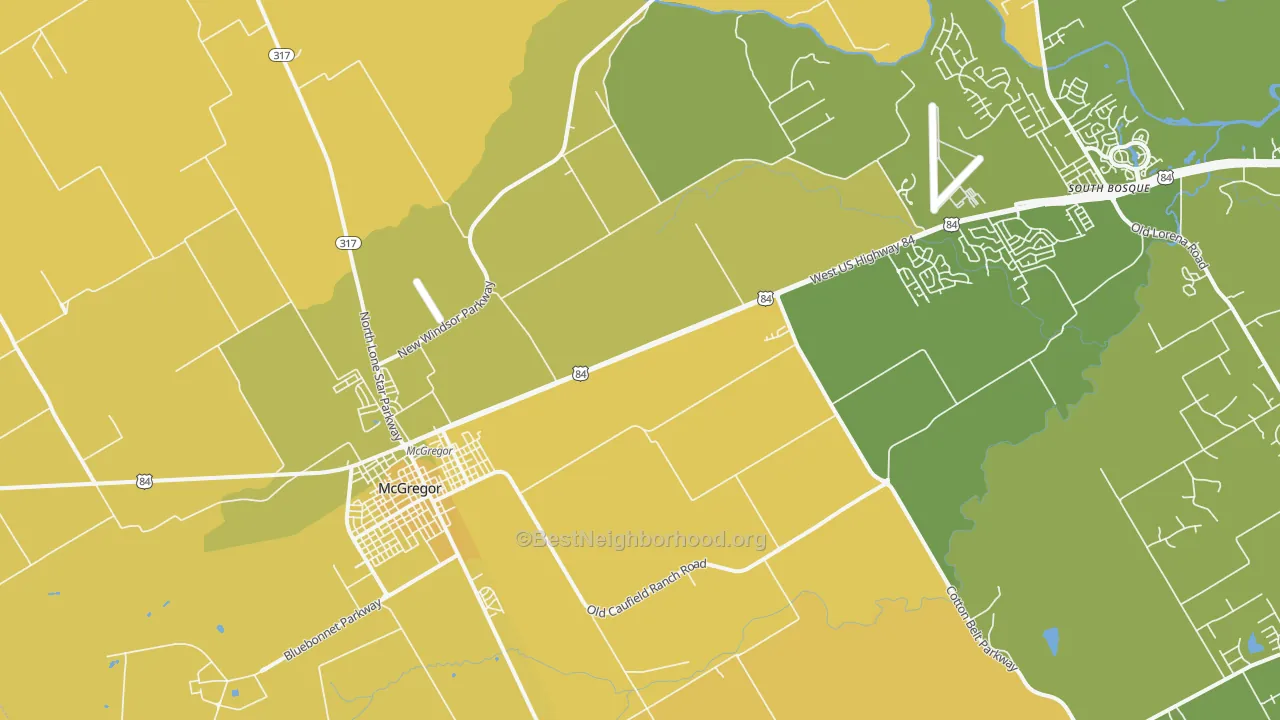 Map of the best neighborhoods in the 76657 area, with better matches in green and worse matches in red