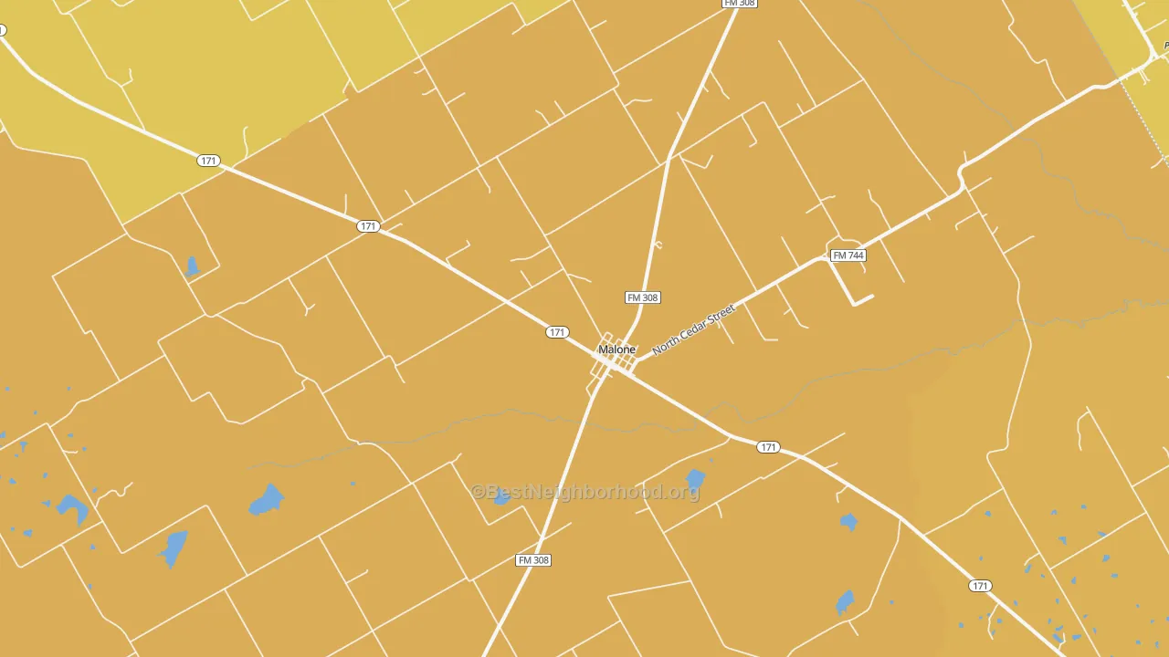 Map of the best neighborhoods in the 76660 area, with better matches in green and worse matches in red