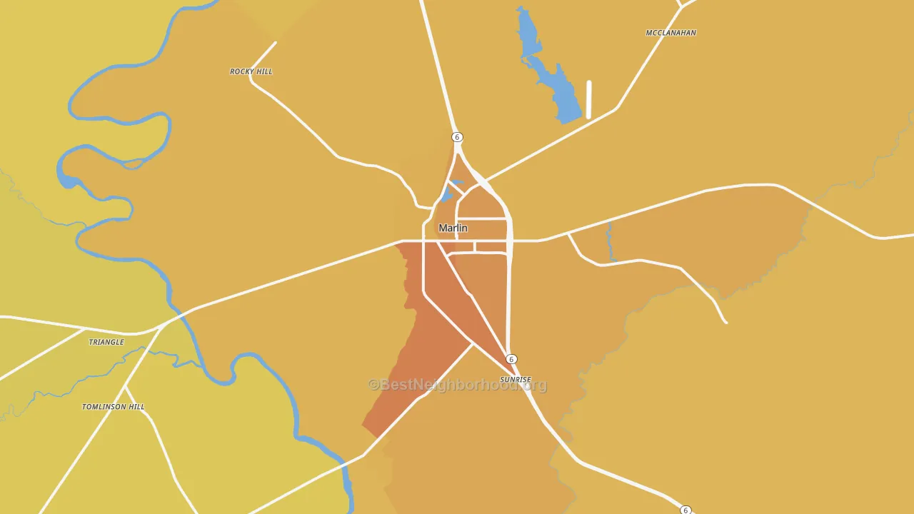 Map of the best neighborhoods in the 76661 area, with better matches in green and worse matches in red