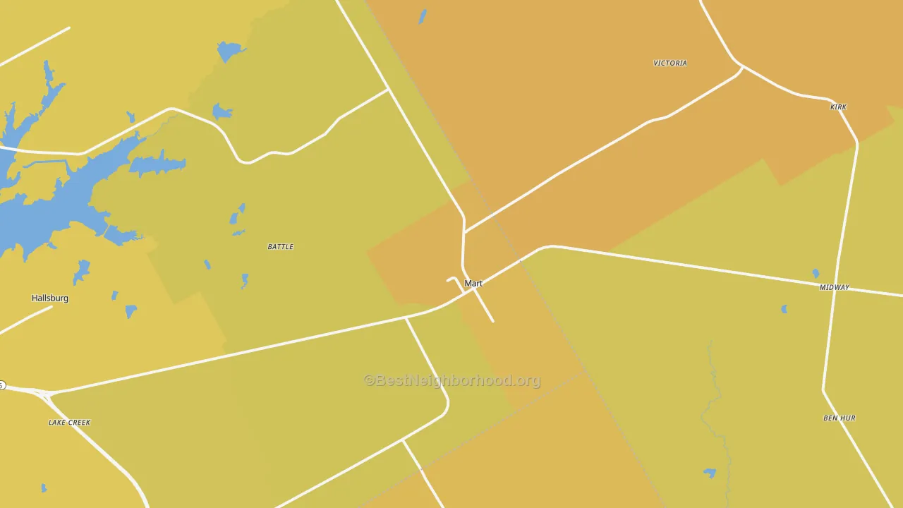 Map of the best neighborhoods in the 76664 area, with better matches in green and worse matches in red