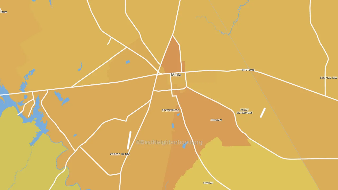 Map of the best neighborhoods in the 76667 area, with better matches in green and worse matches in red
