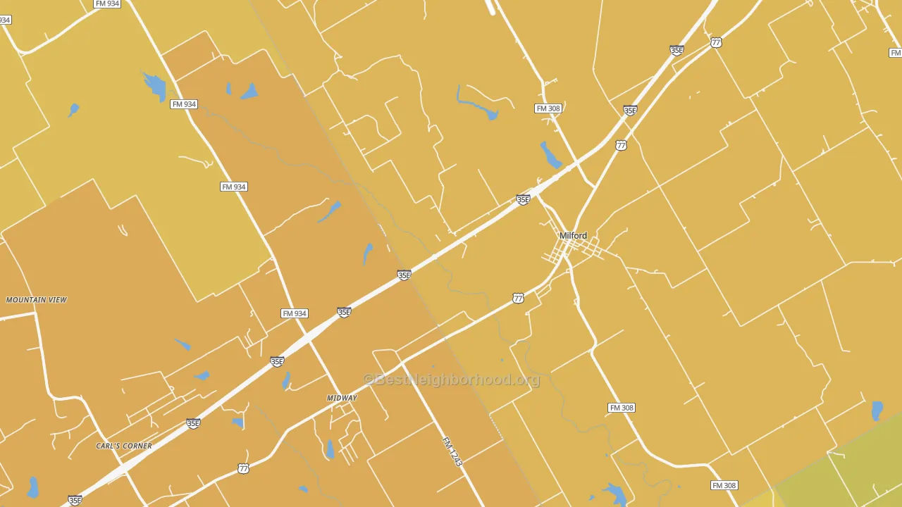 Map of the best neighborhoods in the 76670 area, with better matches in green and worse matches in red