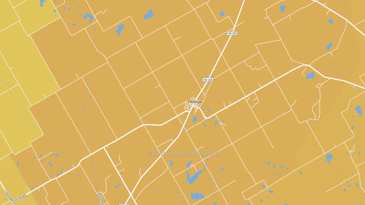 Map of the best neighborhoods in the 76676 area, with better matches in green and worse matches in red