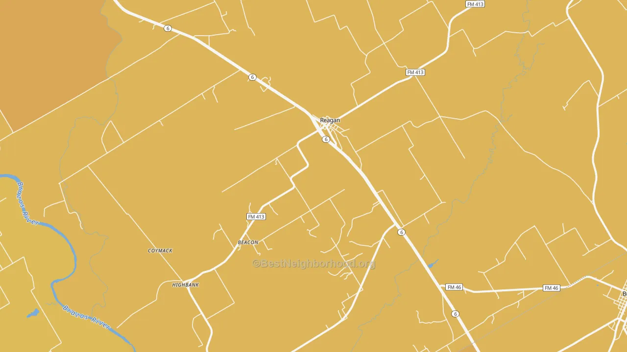Map of the best neighborhoods in the 76680 area, with better matches in green and worse matches in red