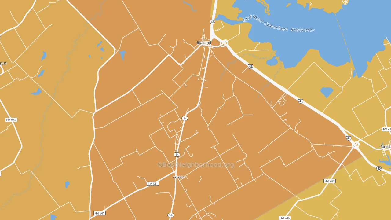 Map of the best neighborhoods in the 76681 area, with better matches in green and worse matches in red