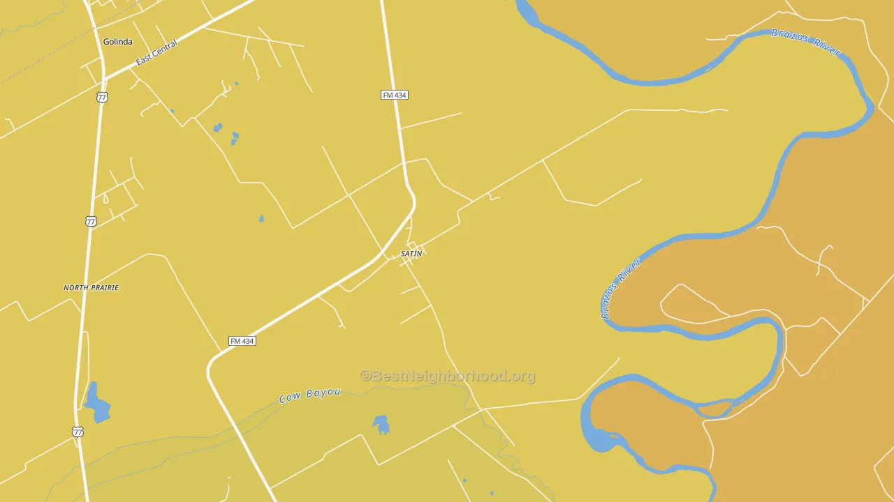 Map of the best neighborhoods in the 76685 area, with better matches in green and worse matches in red