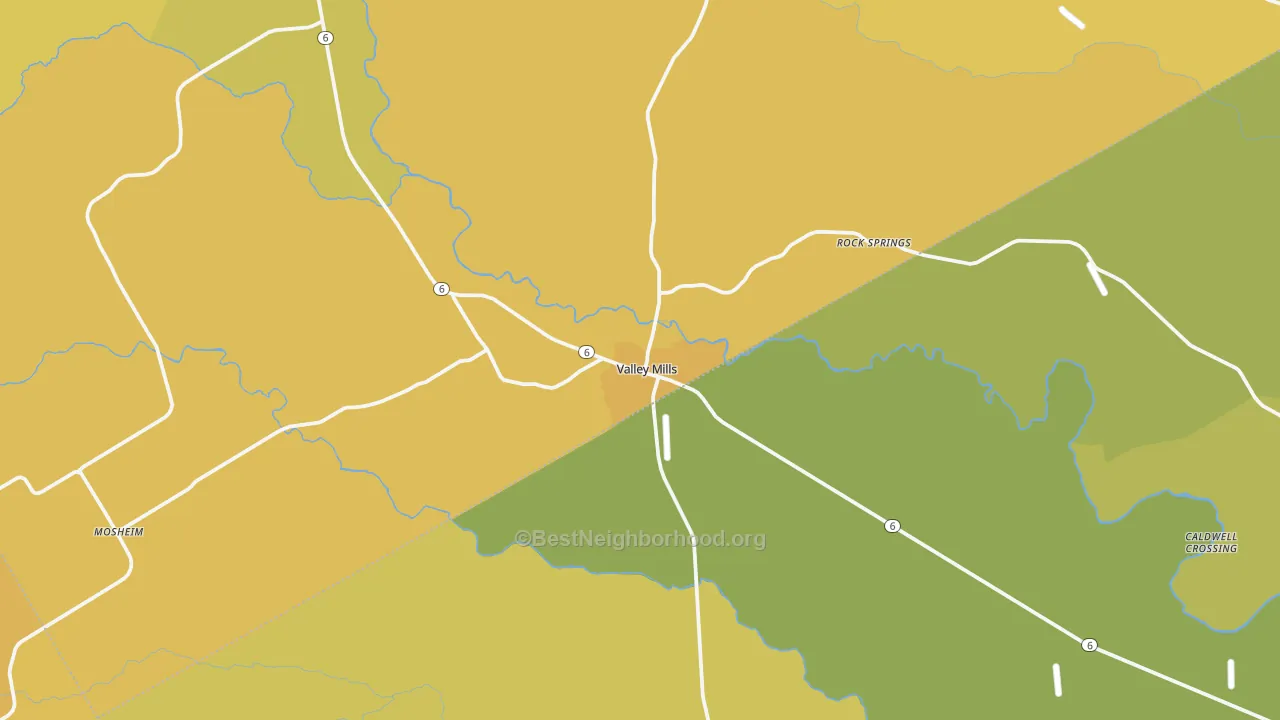Map of the best neighborhoods in the 76689 area, with better matches in green and worse matches in red