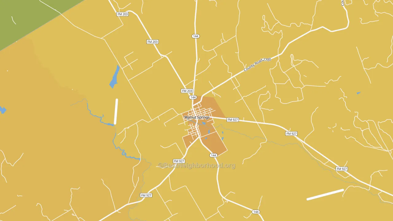 Map of the best neighborhoods in the 76690 area, with better matches in green and worse matches in red