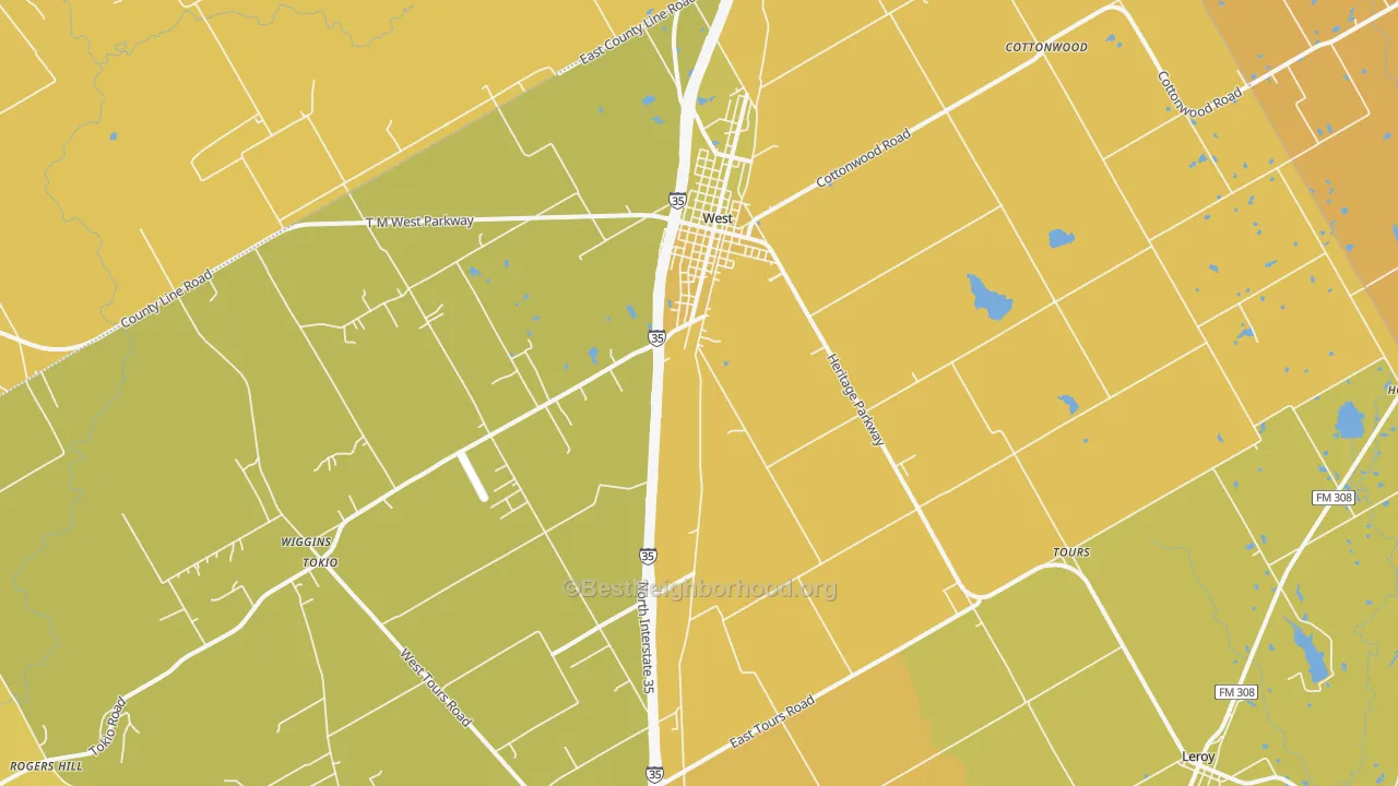 Map of the best neighborhoods in the 76691 area, with better matches in green and worse matches in red