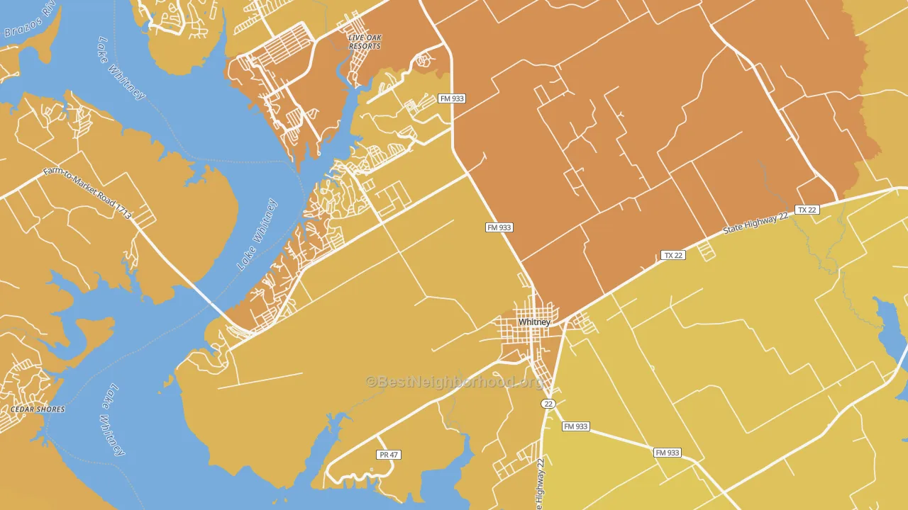 Map of the best neighborhoods in the 76692 area, with better matches in green and worse matches in red