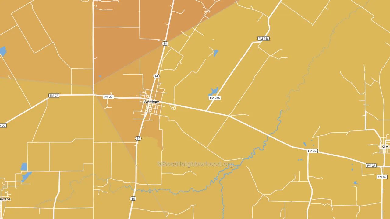 Map of the best neighborhoods in the 76693 area, with better matches in green and worse matches in red