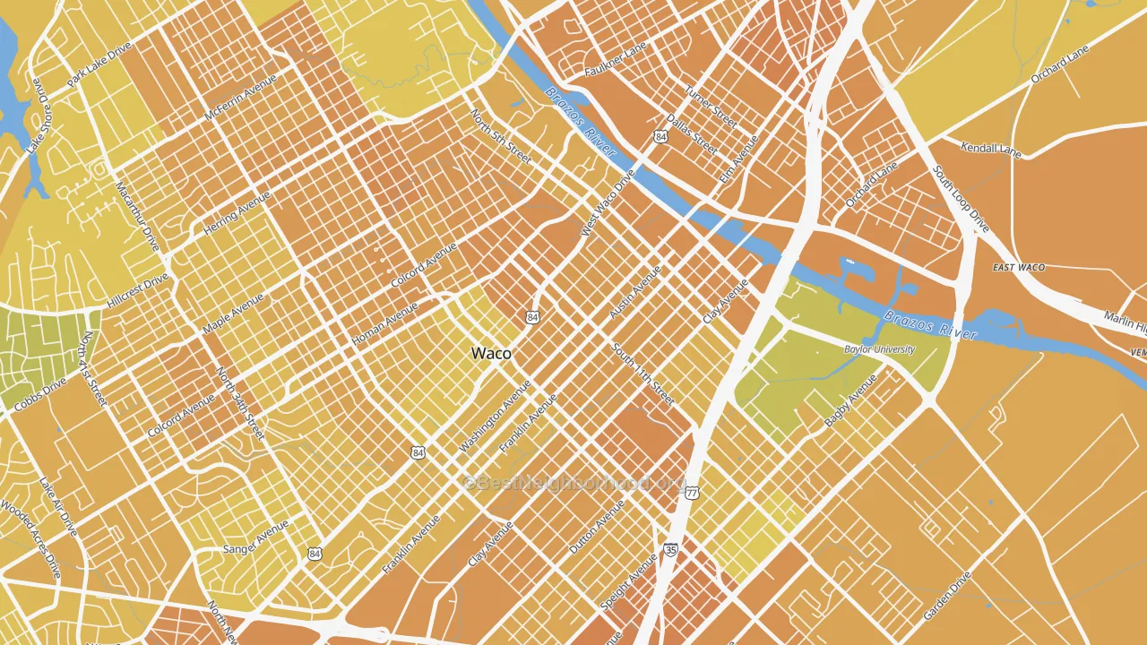 Map of the best neighborhoods in the 76701 area, with better matches in green and worse matches in red