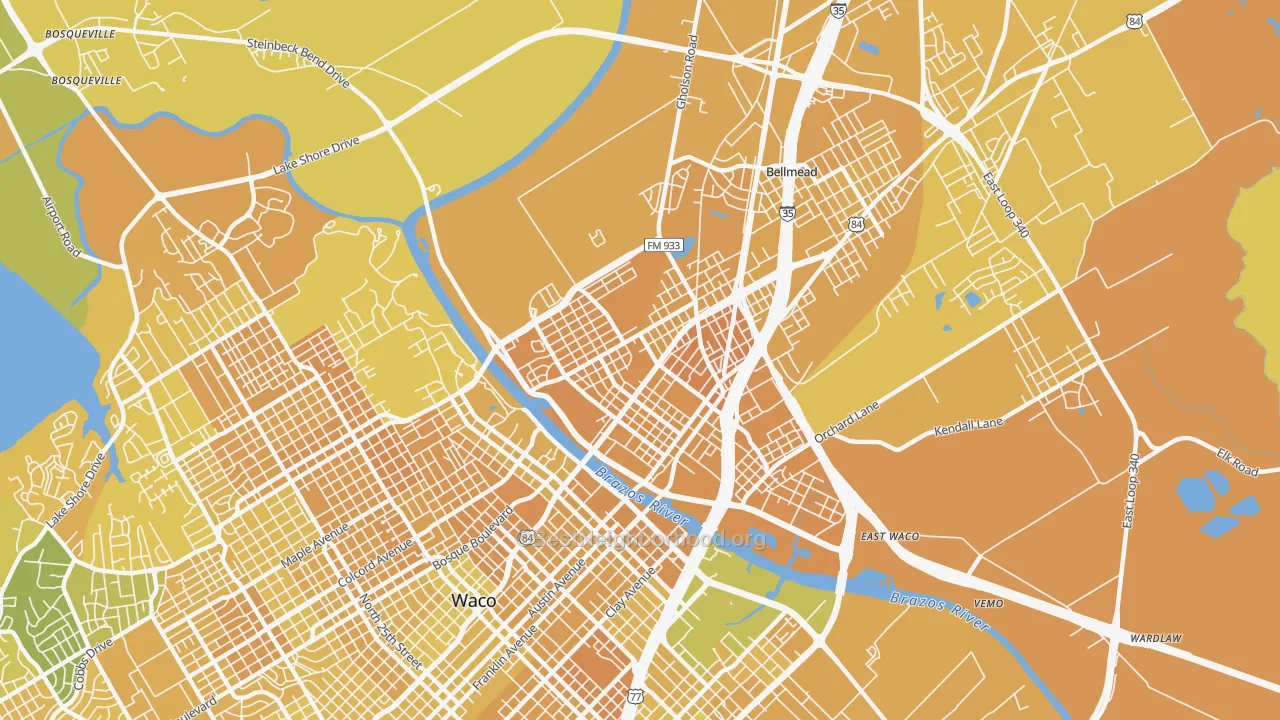 Map of the best neighborhoods in the 76704 area, with better matches in green and worse matches in red