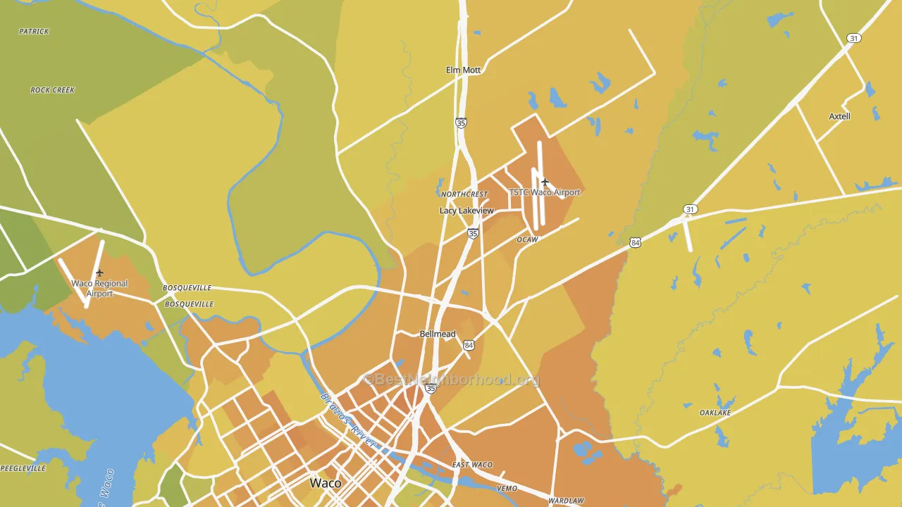 Map of the best neighborhoods in the 76705 area, with better matches in green and worse matches in red