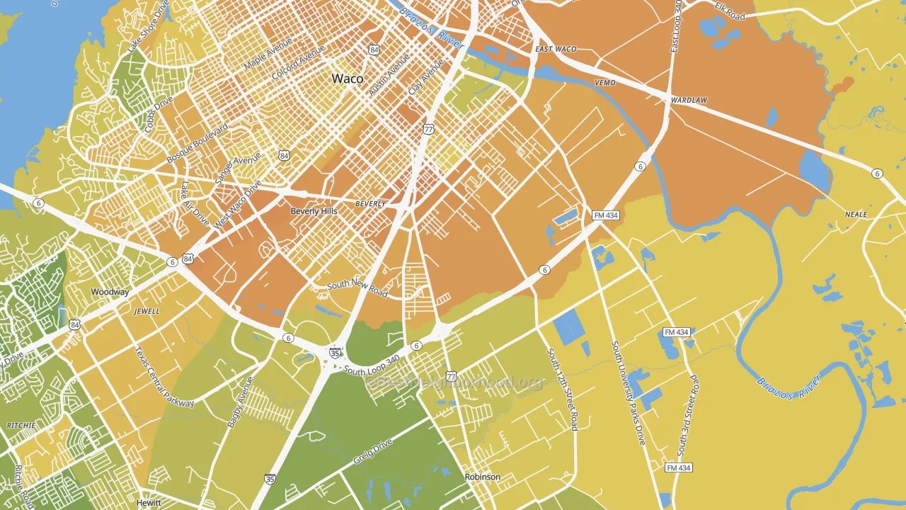 Map of the best neighborhoods in the 76706 area, with better matches in green and worse matches in red