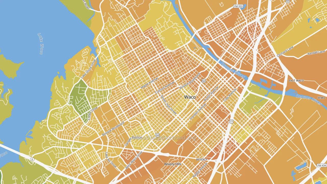 Map of the best neighborhoods in the 76707 area, with better matches in green and worse matches in red