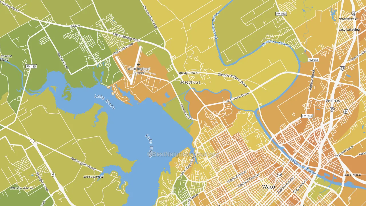Map of the best neighborhoods in the 76708 area, with better matches in green and worse matches in red