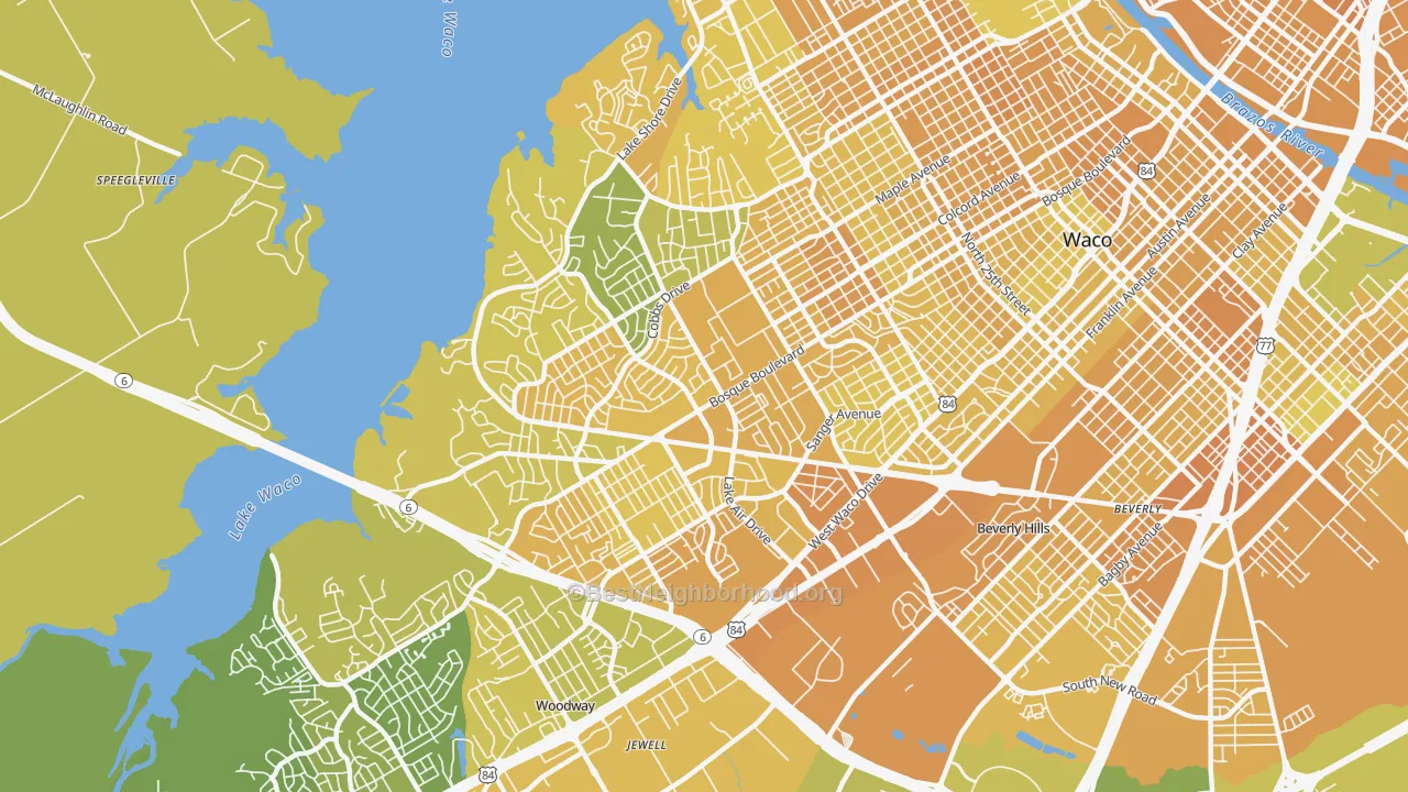 Map of the best neighborhoods in the 76710 area, with better matches in green and worse matches in red