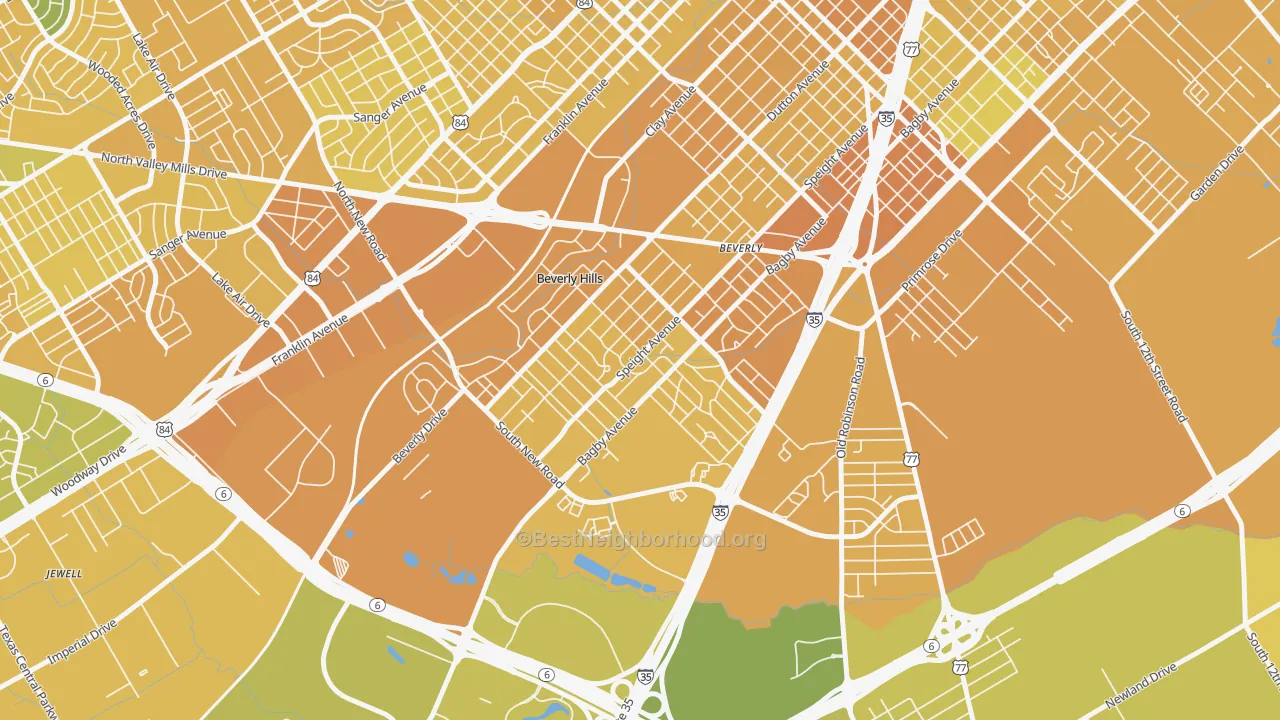 Map of the best neighborhoods in the 76711 area, with better matches in green and worse matches in red