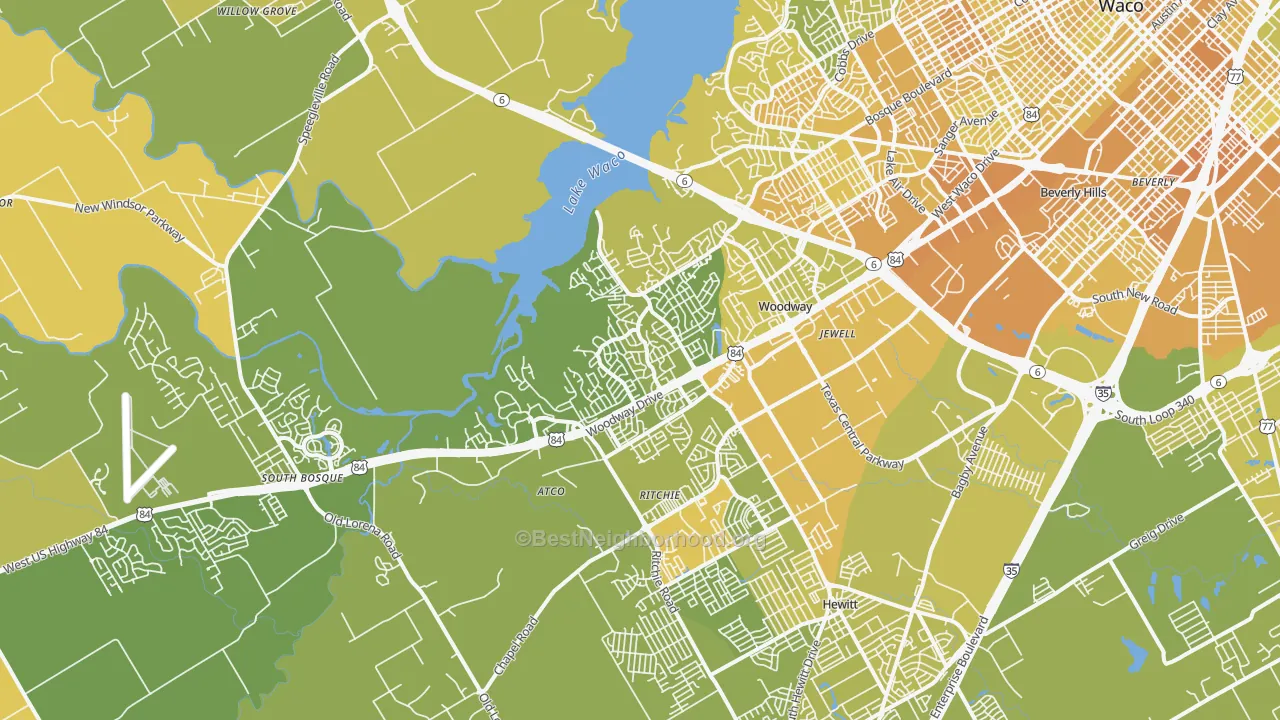 Map of the best neighborhoods in the 76712 area, with better matches in green and worse matches in red