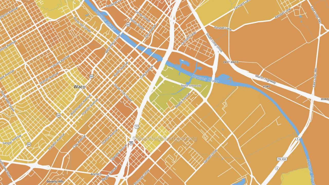 Map of the best neighborhoods in the 76798 area, with better matches in green and worse matches in red
