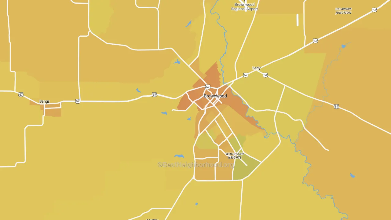 Map of the best neighborhoods in the 76801 area, with better matches in green and worse matches in red